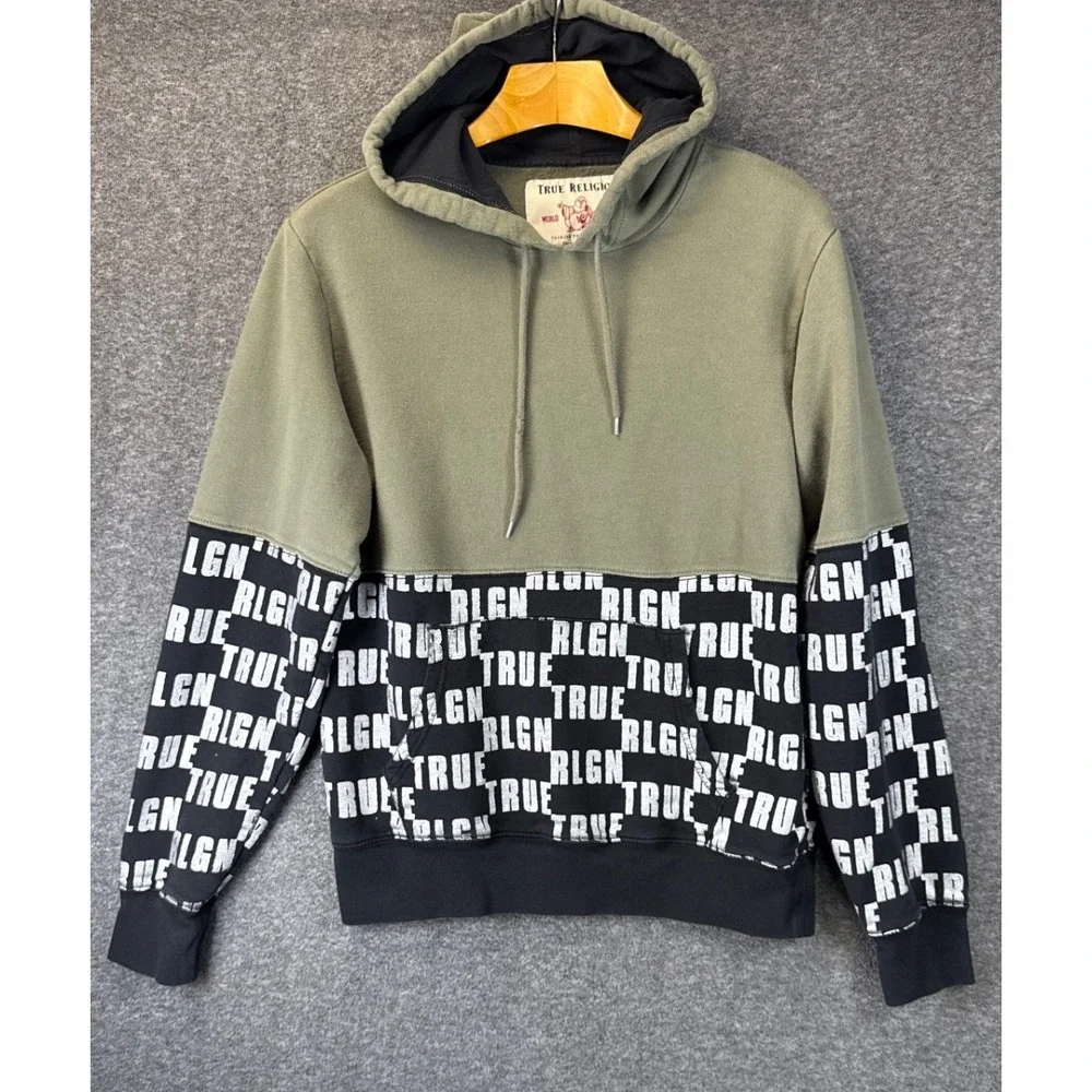 True Religion Monogram Pullover Mens L Green Black Logo Hoodie Skater Dishwasher